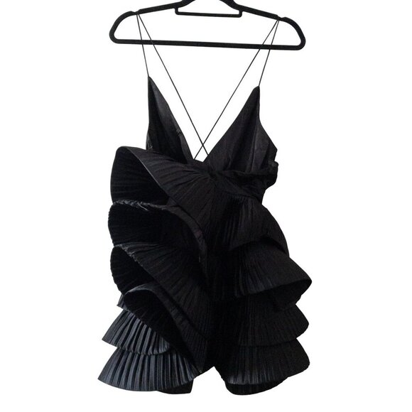 Anthropologie Maeve Black Ruffled Tiered Mini Dress With Spaghetti Straps & Plun - Picture 13 of 16